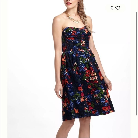 Anthropologie Dress size 0 HD Paris Paca Navy Blue Floral Corduroy Smocked Back - Picture 3 of 8